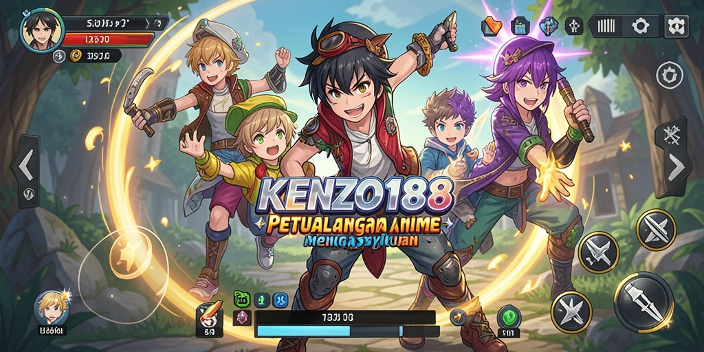 Screenshot gameplay KENZO188 menampilkan karakter anime bertarung di dunia yang penuh warna.