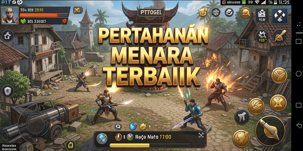 Screenshot utama PTTOGEL dengan aksi menara bertahan.