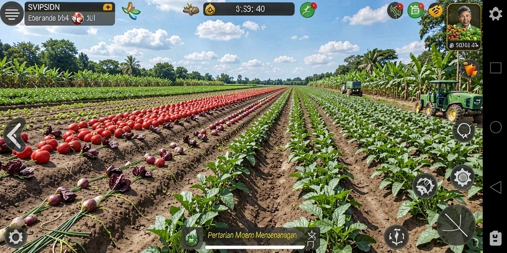 Tampilan gameplay SVIPSIDN dengan kebun yang subur dan hewan ternak.