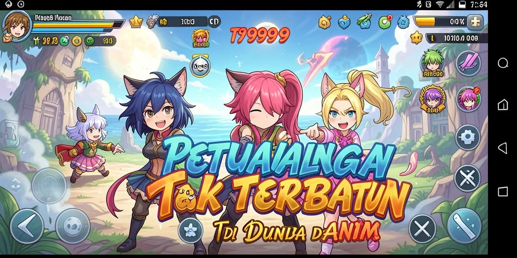 Tampilan gameplay T9999 yang penuh aksi dan karakter anime menarik.