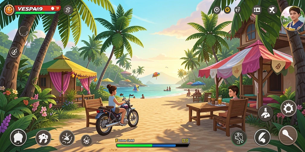 Screenshot utama VESPA69 menampilkan gameplay yang ceria dan interaktif.